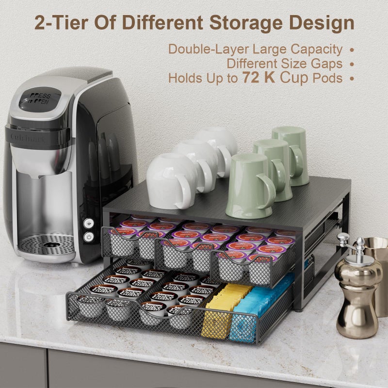NEYCIL Coffee Pod Holder For Counter, 3 Pull-Out 72 K-Cup Holder Drawer, Wooden Cafe Pods Storage Organizer with Sliding Drawers for Coffee Station, Home, Kitchen, Office, Dorm (Black) - Image 5