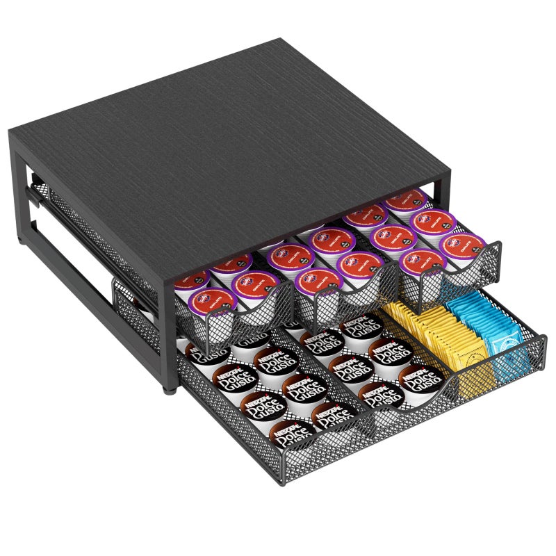 NEYCIL Coffee Pod Holder For Counter, 3 Pull-Out 72 K-Cup Holder Drawer, Wooden Cafe Pods Storage Organizer with Sliding Drawers for Coffee Station, Home, Kitchen, Office, Dorm (Black) - Image 1