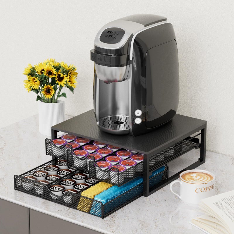 NEYCIL Coffee Pod Holder For Counter, 3 Pull-Out 72 K-Cup Holder Drawer, Wooden Cafe Pods Storage Organizer with Sliding Drawers for Coffee Station, Home, Kitchen, Office, Dorm (Black) - Image 2