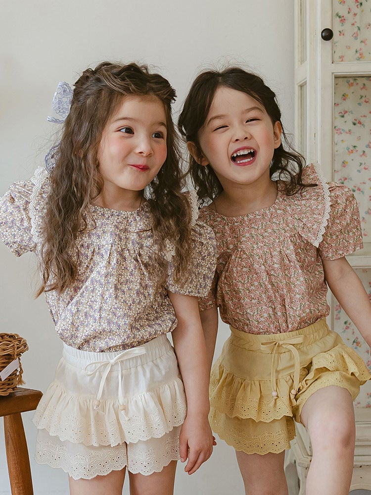 2025 Summer Strawberry Shaman South Korea Girl Girl Baby Sweet Lace Flower Bubble Short-sleeved Shirt T-shirt - Image 2