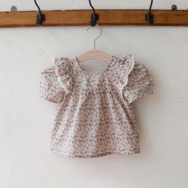 2025 Summer Strawberry Shaman South Korea Girl Girl Baby Sweet Lace Flower Bubble Short-sleeved Shirt T-shirt - Image 1