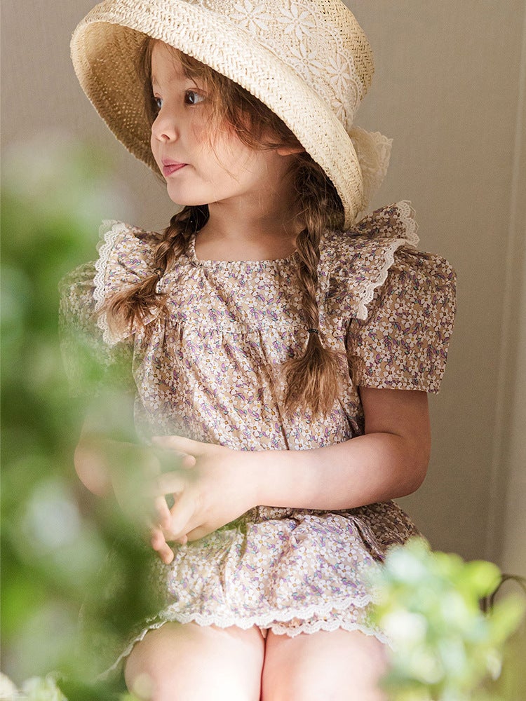 2025 Summer Strawberry Shaman South Korea Girl Girl Baby Sweet Lace Flower Bubble Short-sleeved Shirt T-shirt - Image 5