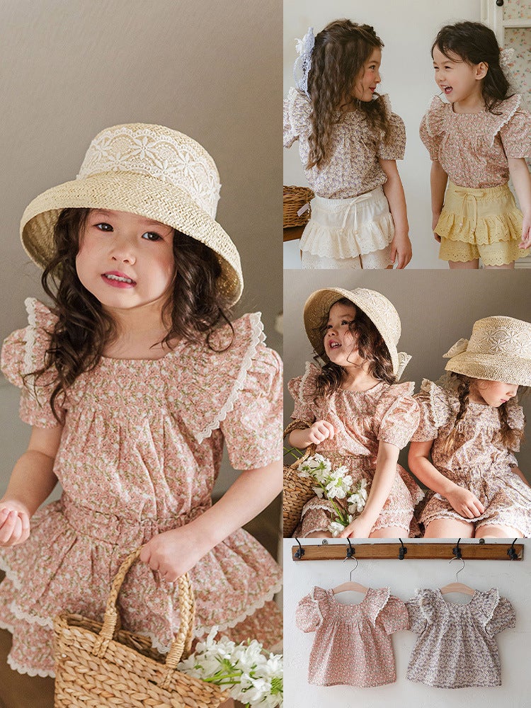 2025 Summer Strawberry Shaman South Korea Girl Girl Baby Sweet Lace Flower Bubble Short-sleeved Shirt T-shirt - Image 3