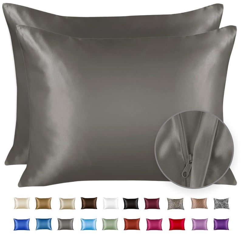 ShopBedding Satin Pillowcase with Zipper for Hair and Skin Care Feels Soft and Cool Like a Silk Pillowcase Satin Pillow Cases 2 Pack Slik Pillow Cover Silver Grey  Standard Size  Set of 2 - Image 1