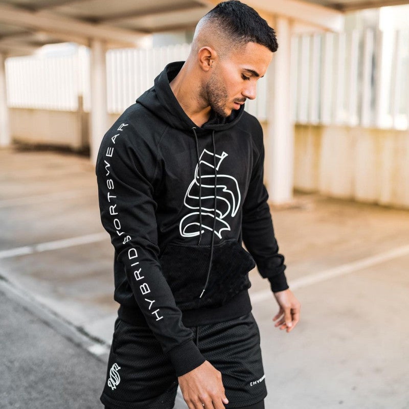 Generic 2021 Autumn Mens Muscle Fit Hoodie for Gym Training Black White Label 