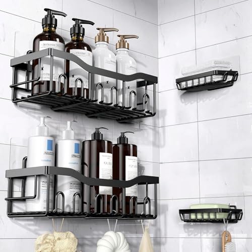 JD FRESH 4-in-1 Self Adhesive Bathroom Shelf Combo/Drill-Free Wall Mounted Organizer/Rust-Proof Metal Storage Rack with Soap& Toothbrush Holder/Multipurpose Bathroom Accessories Alloy Steel (Black) - Image 1