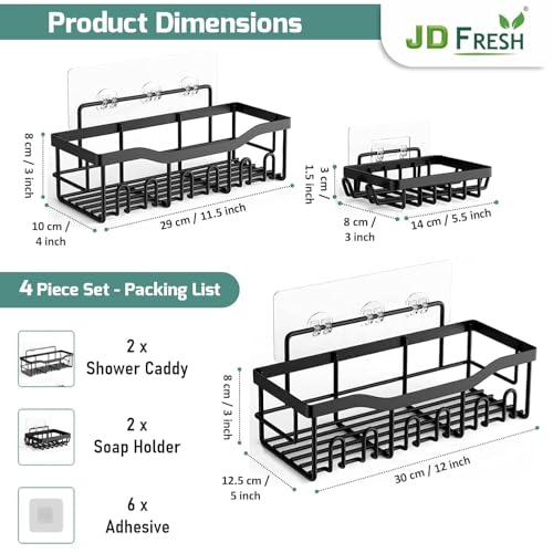 JD FRESH 4-in-1 Self Adhesive Bathroom Shelf Combo/Drill-Free Wall Mounted Organizer/Rust-Proof Metal Storage Rack with Soap& Toothbrush Holder/Multipurpose Bathroom Accessories Alloy Steel (Black) - Image 2