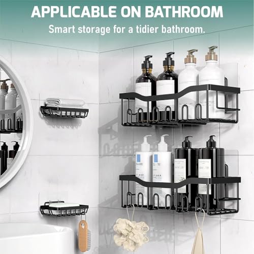 JD FRESH 4-in-1 Self Adhesive Bathroom Shelf Combo/Drill-Free Wall Mounted Organizer/Rust-Proof Metal Storage Rack with Soap& Toothbrush Holder/Multipurpose Bathroom Accessories Alloy Steel (Black) - Image 3