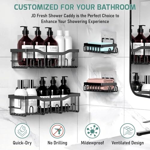 JD FRESH 4-in-1 Self Adhesive Bathroom Shelf Combo/Drill-Free Wall Mounted Organizer/Rust-Proof Metal Storage Rack with Soap& Toothbrush Holder/Multipurpose Bathroom Accessories Alloy Steel (Black) - Image 5