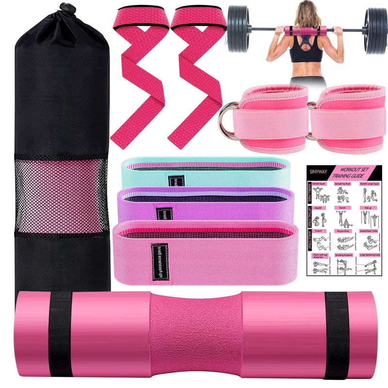 SINYWAY Barbell Pad Set, 10 Pcs Barbell Squat Pad for Hip Thrusts, Lunges, Leg Day with 2 Gym Ankle Straps, 3 Hip Resistance Bands, 2 Lifting Strap, Barbell Pad and Carry Bag - Image 1