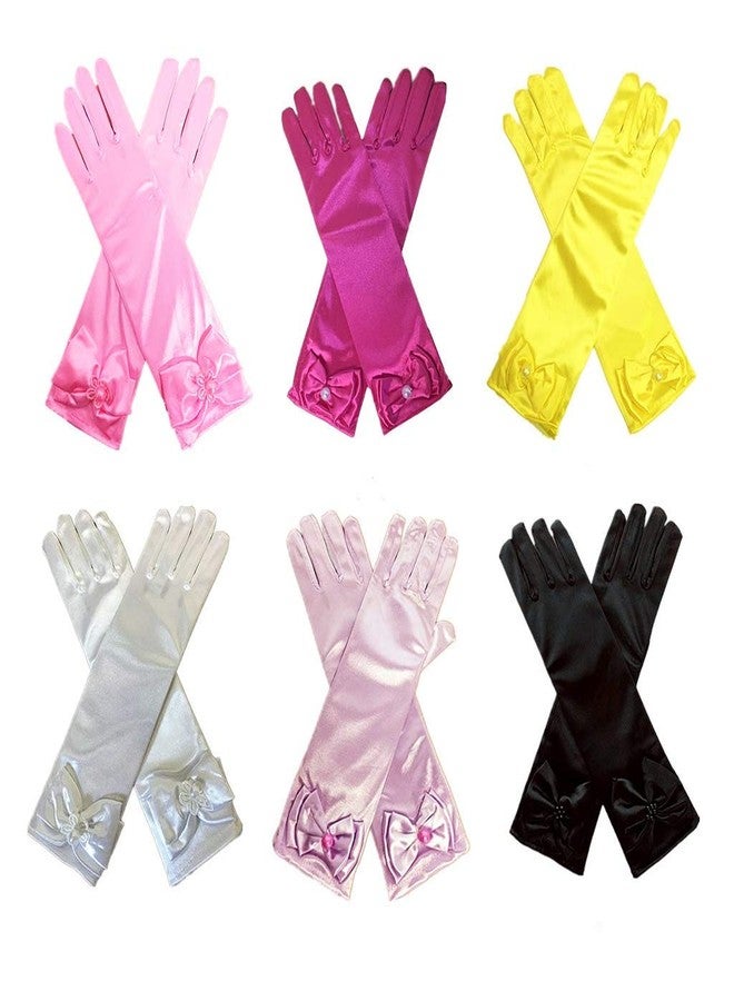 DH 6 Pairs Combo#3 Kid Stretch Satin Long Finger Pearl Bow Dress Gloves for Girl Children Party - Image 1