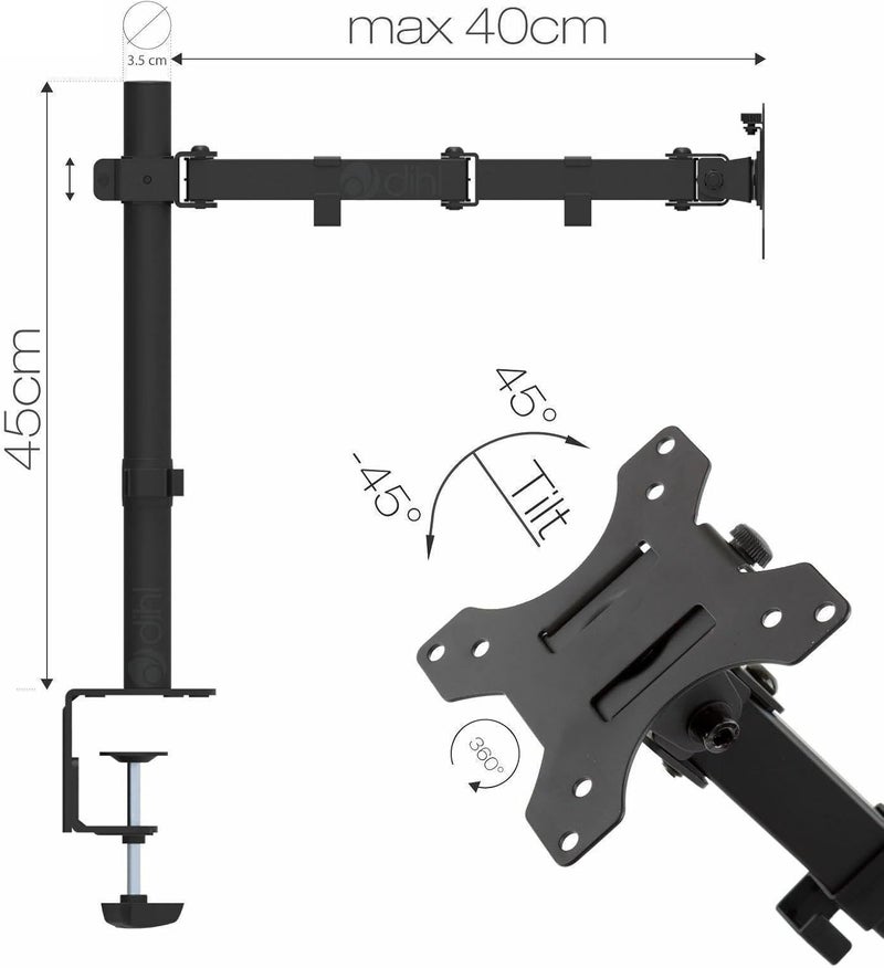 Dihl Single Arm Computer Monitor Mount for Monitors and TVs 13” to 27 Inch Screens, Desk Clamp Mounted, Supports up to 8KG (17.6 lbs), Black - Ergonomic Desk Space Saving Solution - Image 5