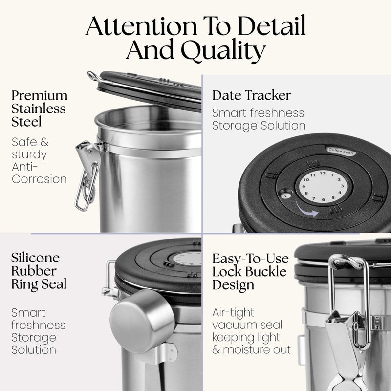Mixpresso 16 Oz Stainless Steel Coffee Canister with Scoop â€“ Airtight Coffee Container with CO2 Valve for Bean Storage, Date Tracker Lid - Image 5