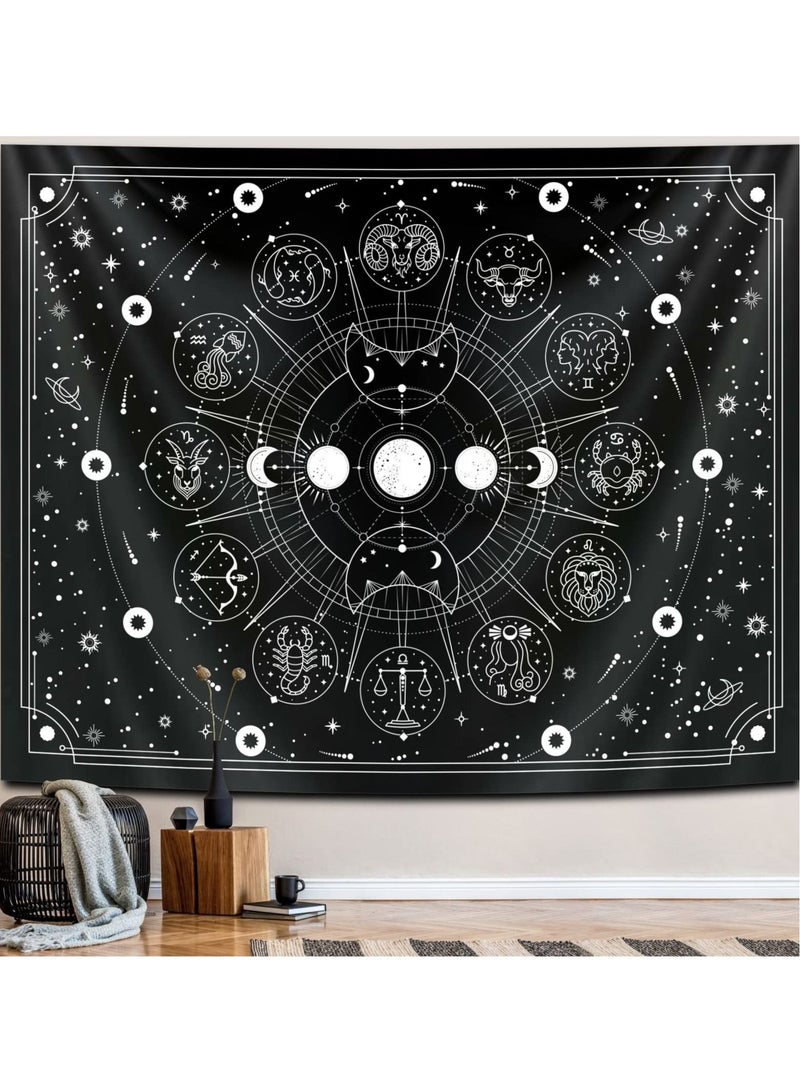 Captaintech Decorative Tapestry Sun and Moon Constellation Hanging Cloth Twelve Constellations Psychedelic Black and White Wall Hanging Tapestry Suitable for Home Bedroom Wall Room Decoration (95x73cm) - Image 1