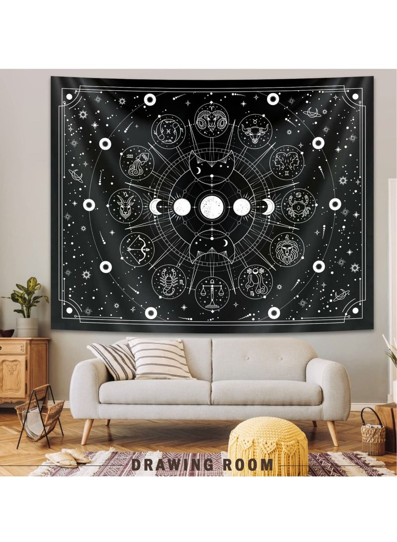 Captaintech Decorative Tapestry Sun and Moon Constellation Hanging Cloth Twelve Constellations Psychedelic Black and White Wall Hanging Tapestry Suitable for Home Bedroom Wall Room Decoration (95x73cm) - Image 2