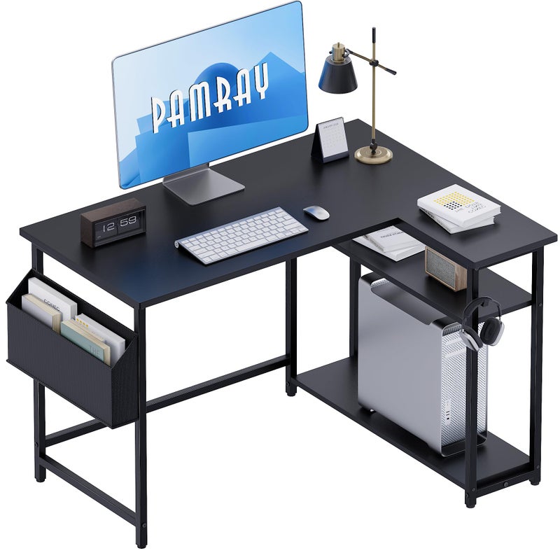 Pamray 40 Inch L Shaped Computer Desk with Reversible Side Storage Shelves, Small Corner Desk for Small Space Home Office, Writing Study Table PC Desk for Bedroom, Black - Image 1