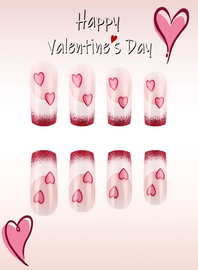 LRKNNO 24Pcs Valentine Press on Nails Short French Tip Fake Nails Pink Heart Glue on Nails Square Shaped False Nails with Glitter Nail Tips Designs Cute Artificial Acrylic Nails for Women Holiday Manicure - Image 3