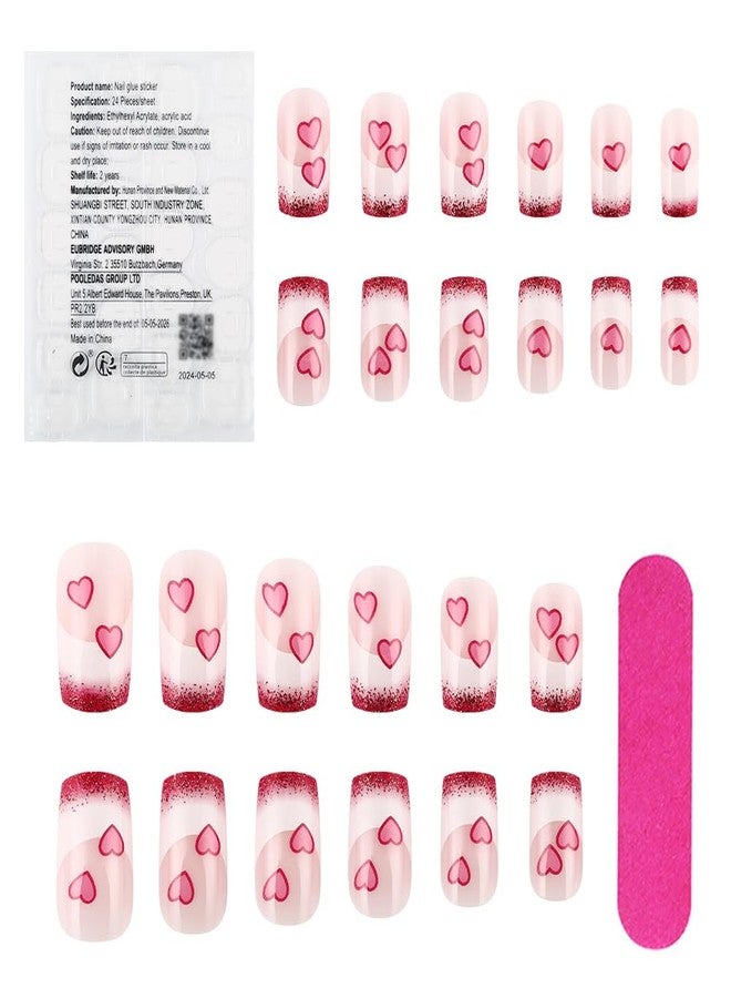 LRKNNO 24Pcs Valentine Press on Nails Short French Tip Fake Nails Pink Heart Glue on Nails Square Shaped False Nails with Glitter Nail Tips Designs Cute Artificial Acrylic Nails for Women Holiday Manicure - Image 5