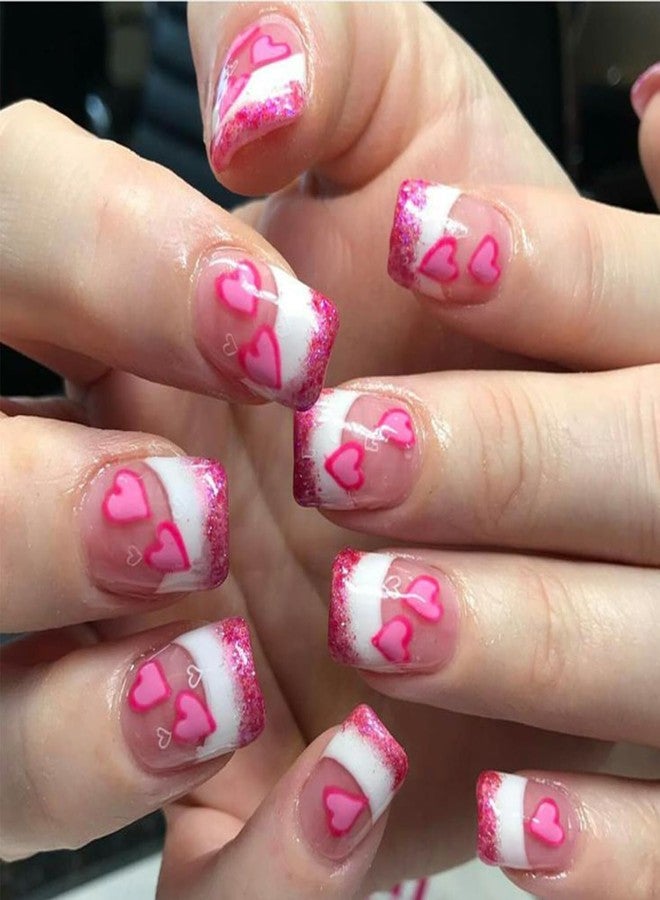 LRKNNO 24Pcs Valentine Press on Nails Short French Tip Fake Nails Pink Heart Glue on Nails Square Shaped False Nails with Glitter Nail Tips Designs Cute Artificial Acrylic Nails for Women Holiday Manicure - Image 1