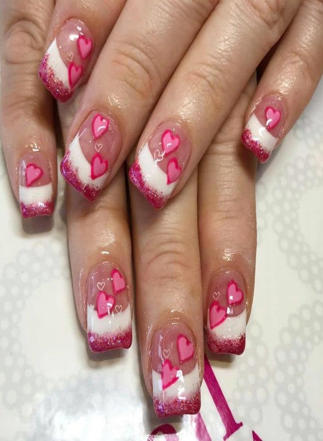 LRKNNO 24Pcs Valentine Press on Nails Short French Tip Fake Nails Pink Heart Glue on Nails Square Shaped False Nails with Glitter Nail Tips Designs Cute Artificial Acrylic Nails for Women Holiday Manicure - Image 2