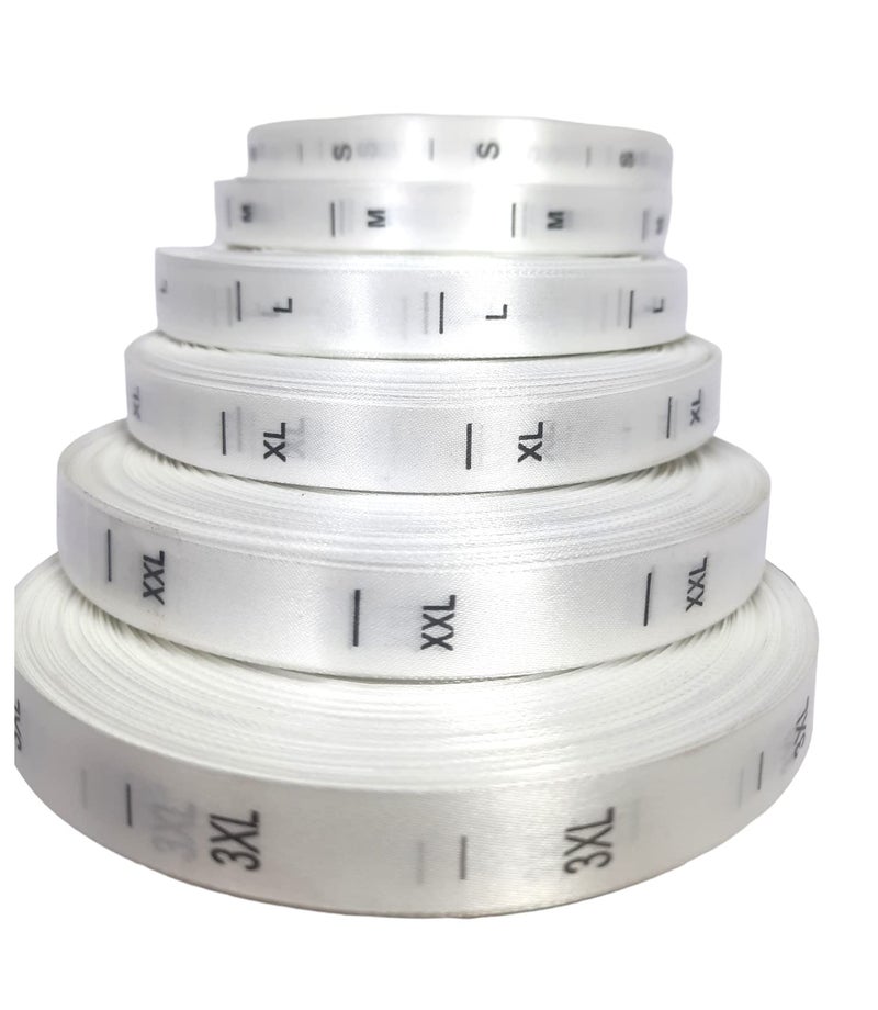 PINACO INDIA Satin Size Label (S, M, L, XL, XXL, XXXL) [Pack of 350 Labels] White Number Roll Tags for Clothing, Dresses, and Other Project - Image 1