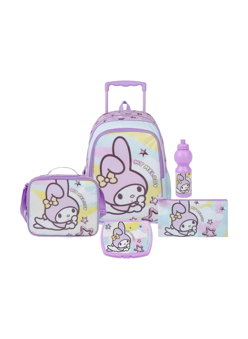 سانريو Sanrio My Melody 5-in-1 Trolley Set 18" – Official My Melody Rolling Backpack with Lunch Bag, Lunch Box, Water Bottle & Pencil Case, Complete School Travel Set for Kids  | Water Resistant  | Girls School Bag