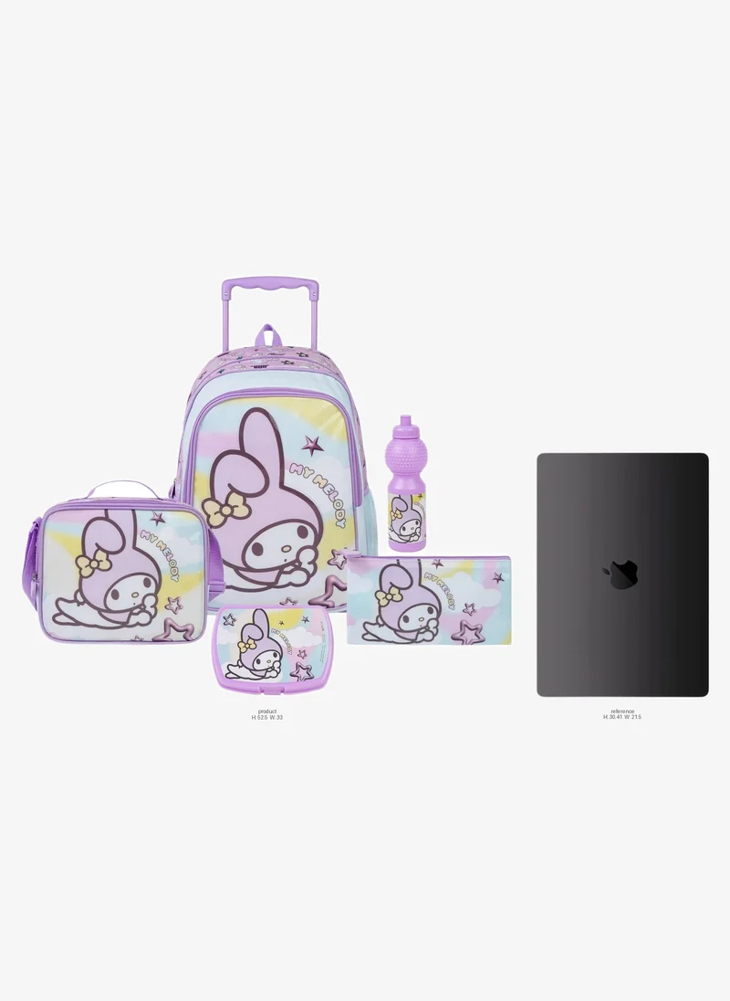 سانريو Sanrio My Melody 5-in-1 Trolley Set 18" – Official My Melody Rolling Backpack with Lunch Bag, Lunch Box, Water Bottle & Pencil Case, Complete School Travel Set for Kids  | Water Resistant  | Girls School Bag