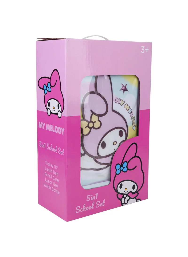 Sanrio Multicolor Sanrio My Melody 5-in-1 Trolley Set 18" – Official My Melody Rolling Backpack with Lunch Bag, Lunch Box, Water Bottle & Pencil Case, Complete School Travel Set for Kids  | Water Resistant  | Girls School Bag for Women | Best Price UAE