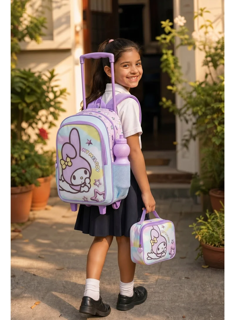 Sanrio Multicolor Sanrio My Melody 5-in-1 Trolley Set 18" – Official My Melody Rolling Backpack with Lunch Bag, Lunch Box, Water Bottle & Pencil Case, Complete School Travel Set for Kids  | Water Resistant  | Girls School Bag for Women | Best Price UAE