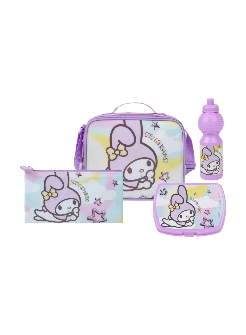 Sanrio Multicolor Sanrio My Melody 5-in-1 Trolley Set 18" – Official My Melody Rolling Backpack with Lunch Bag, Lunch Box, Water Bottle & Pencil Case, Complete School Travel Set for Kids  | Water Resistant  | Girls School Bag for Women | Best Price UAE