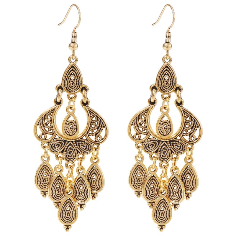 Coiris Chandelier Earrings for Women Unique Filigree Bohemian Vintage Bronze Gold Teardrop Dangle Earrings Jewelry Gift for Her - Image 1