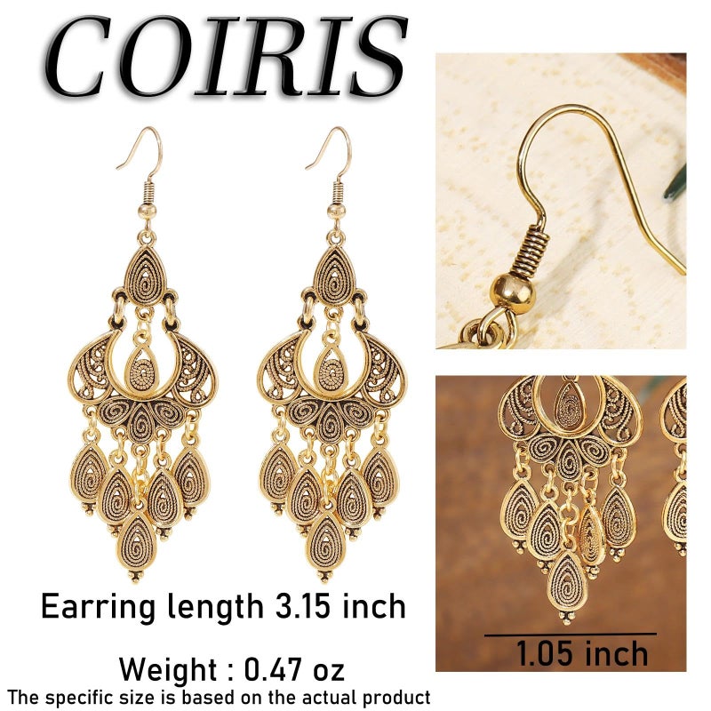 Coiris Chandelier Earrings for Women Unique Filigree Bohemian Vintage Bronze Gold Teardrop Dangle Earrings Jewelry Gift for Her - Image 5