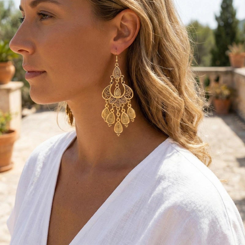 Coiris Chandelier Earrings for Women Unique Filigree Bohemian Vintage Bronze Gold Teardrop Dangle Earrings Jewelry Gift for Her - Image 4