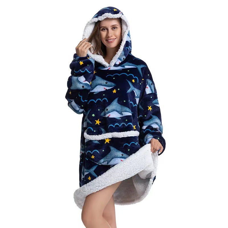 2022 Flannel Thickened Pajamas Lamb Fleece TV Blanket with Hood Cartoon Navy Blue Shark Compound-Adult 