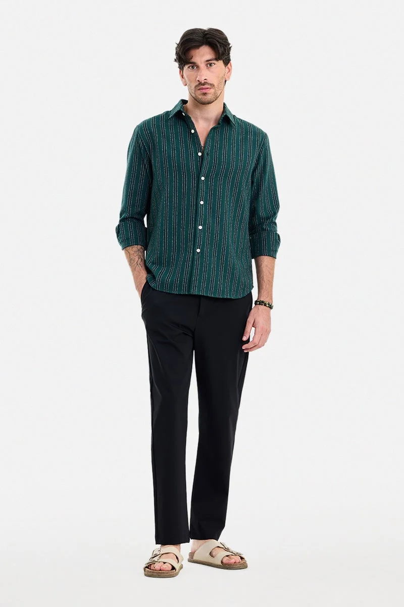 سنيتش Green Striped Long Sleeve Regular Fit Shirt