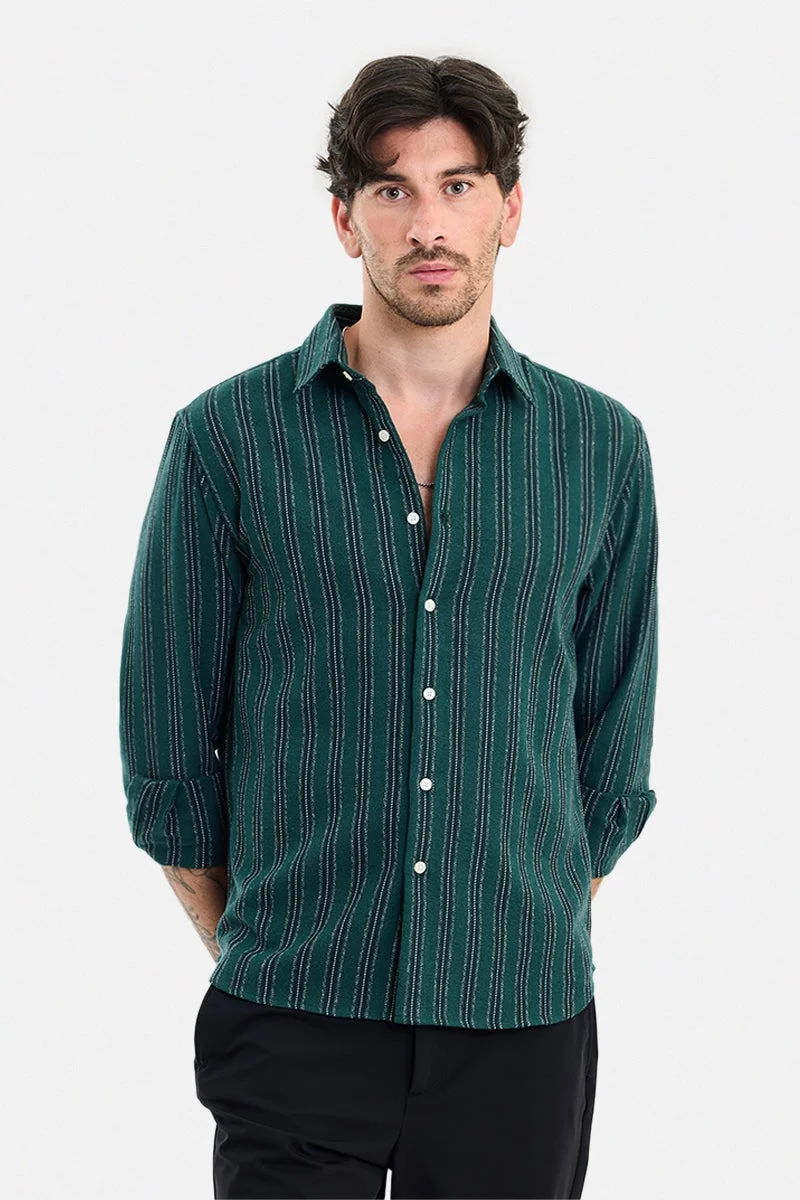 سنيتش Green Striped Long Sleeve Regular Fit Shirt