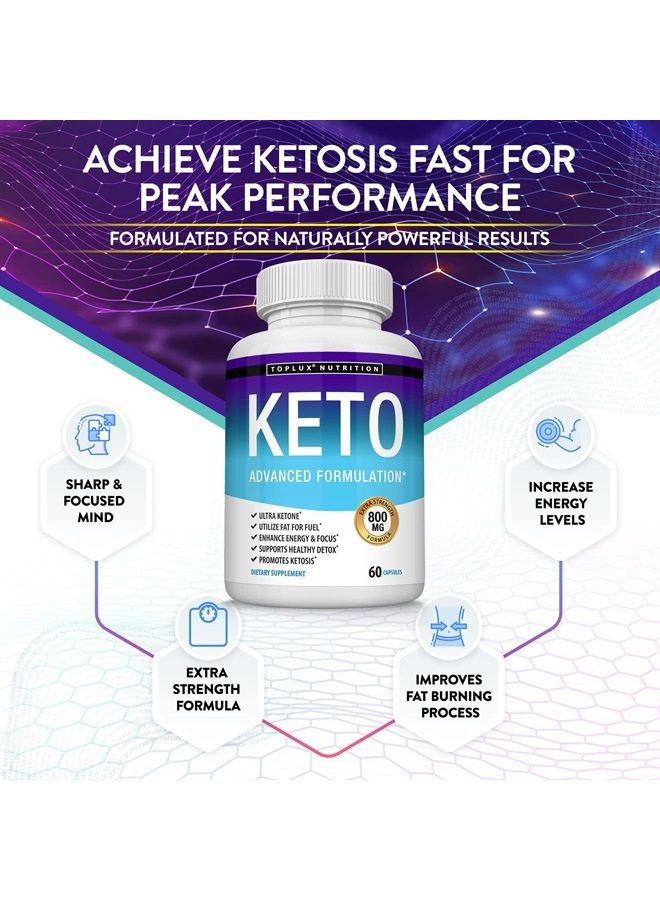 Toplux حبوب كيتو حمية الكيتوز - كيتوز طبيعي باستخدام الكيتون وحمية كيتونية، دعم الطاقة والتركيز، دعم حمية كيتو مثالي للرجال والنساء، 60 كبسولة، مكمل - Image 1