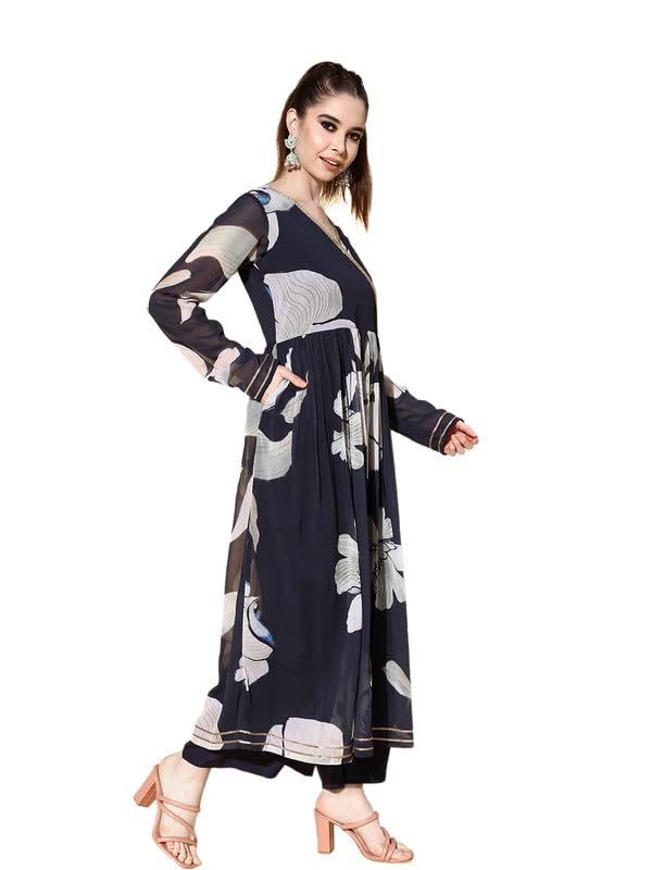 Ahalyaa Women Floral Printed Navy Blue Angrakha Kurta with Palazzos - Image 2