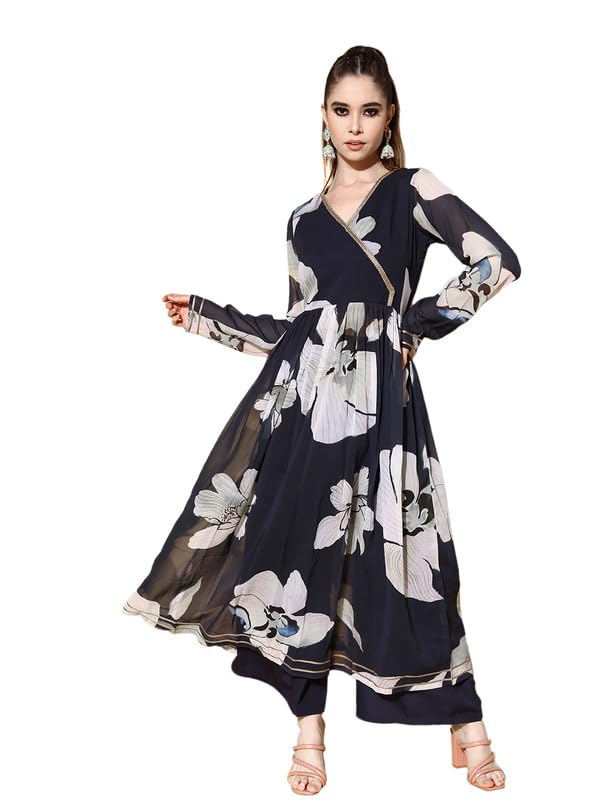 Ahalyaa Women Floral Printed Navy Blue Angrakha Kurta with Palazzos - Image 1