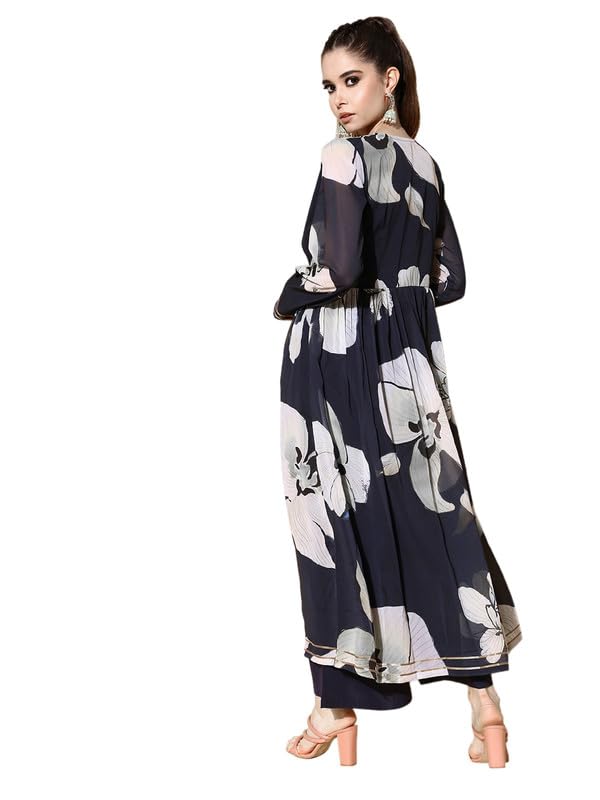 Ahalyaa Women Floral Printed Navy Blue Angrakha Kurta with Palazzos - Image 3