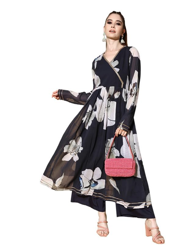 Ahalyaa Women Floral Printed Navy Blue Angrakha Kurta with Palazzos - Image 4