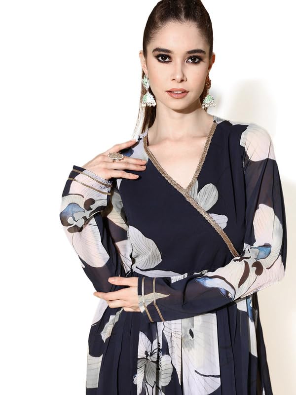 Ahalyaa Women Floral Printed Navy Blue Angrakha Kurta with Palazzos - Image 5