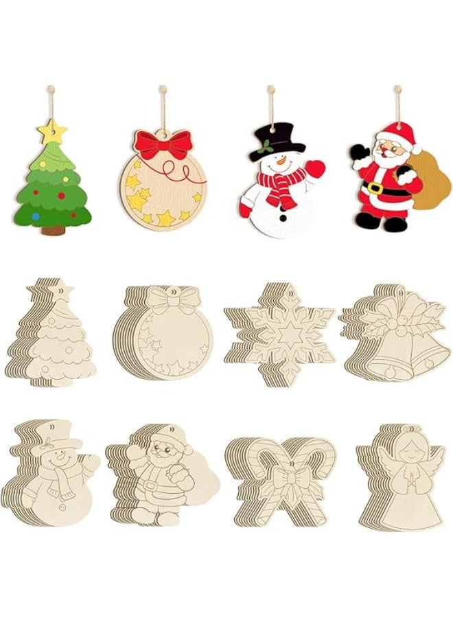 زينة عيد الميلاد الخشبية للطلاء خشب خام غير مكتمل للحرف اليدوية وديكورات الشتاء المعلقة تتضمن 8 أنماط من الأشكال المقطوعة، مجموعة من 80 قطعة - Image 1
