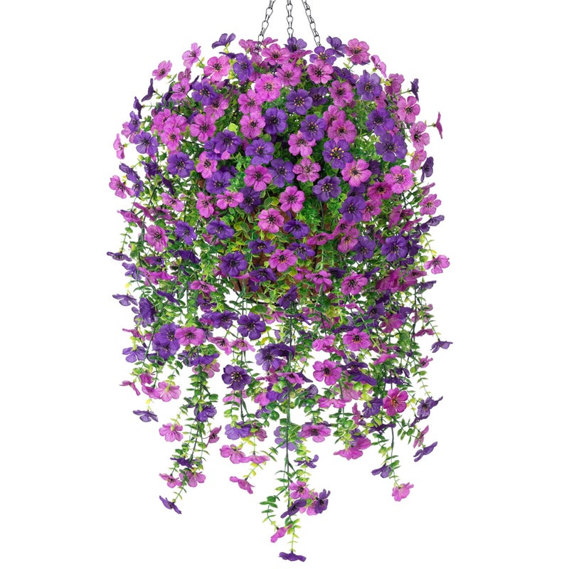 Ammyoo Artificial Faux Hanging Flower Plants with Basket Outdoor Spring Decoration, Fake Silk Flowers Daisy Planter Eucalyptus Realistic UV Resistant for Outside Garden Porch Patio Home Decor (Purple Lotus) - Image 1