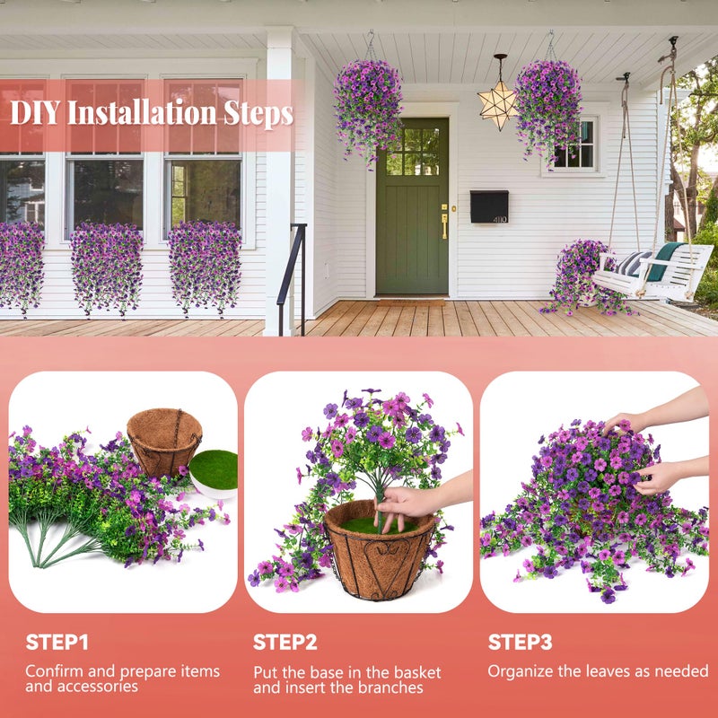 Ammyoo Artificial Faux Hanging Flower Plants with Basket Outdoor Spring Decoration, Fake Silk Flowers Daisy Planter Eucalyptus Realistic UV Resistant for Outside Garden Porch Patio Home Decor (Purple Lotus) - Image 3