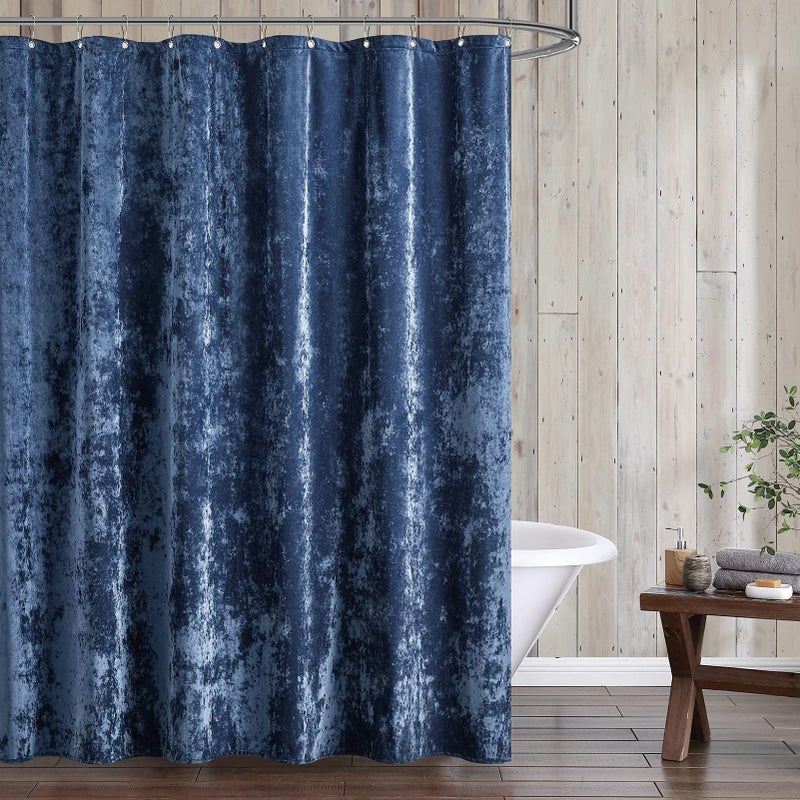 Fredsure Distressed Velvet Shower Curtain Set, 13 Pieces Navy Including 1 Piece 72"x72" Shower Curtain and 12 Pieces Silver Hooks - Image 1