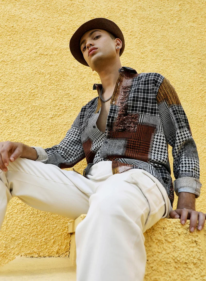 Men's Brown Herringbone Block Shirt