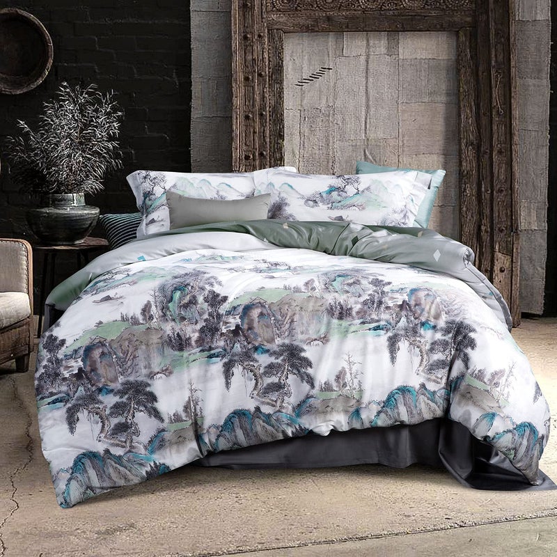 MILDLY 100% Long-Staple Cotton Duvet Cover Set Mountain Scenery Pattern Printed Comforter Cover 3pcs, Ultra Soft & Breathable Bedding Set - Image 1