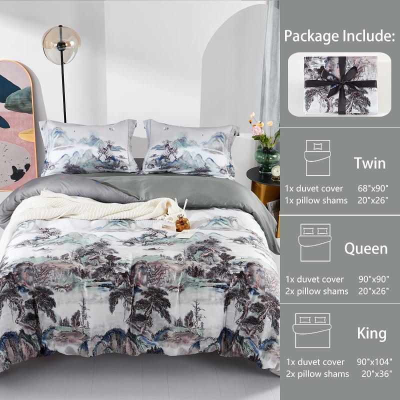 MILDLY 100% Long-Staple Cotton Duvet Cover Set Mountain Scenery Pattern Printed Comforter Cover 3pcs, Ultra Soft & Breathable Bedding Set - Image 2