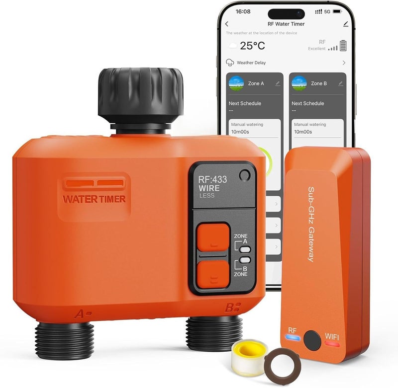 XinFuture Smart WiFi Sprinkler Timer 2 Zone,WiFi Water Timer for Garden Hose with 300M Range,APP & Remote Control,Alexa & Google Voice Compatible,Rain Delay, Manual Mode Sprinkler System (2 Zone-B) - Image 1